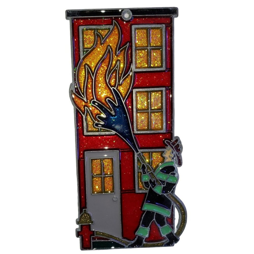 Vintage Handmade Stained Glass Fireman Building  Fire Suncatcher Ornament